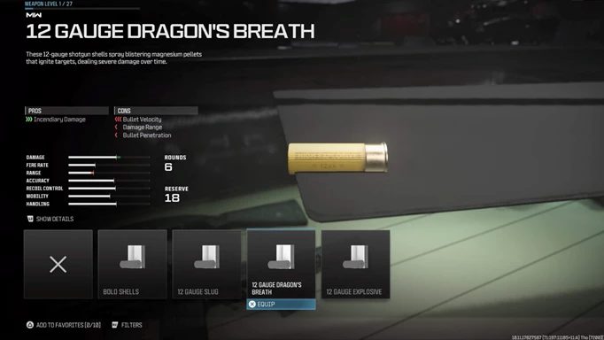 Screenshot, der die 12-Gauge-Drachenatem-Munition in MW3 zeigt