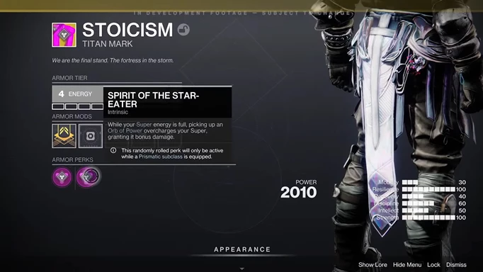 Die Artikelseite für die exotische Titan-Marke „Stoizismus“ in Destiny 2